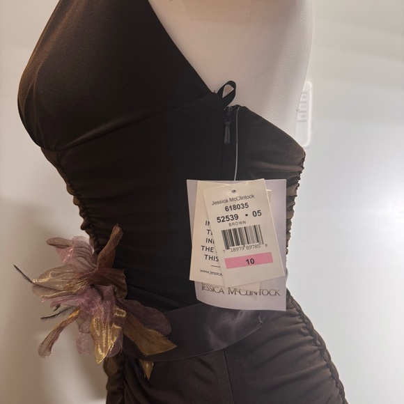 Vintage Jessica McClintock Deadstock Brown Halter Wide Leg Satin Belt Jumpsuit - Picture 6 of 15